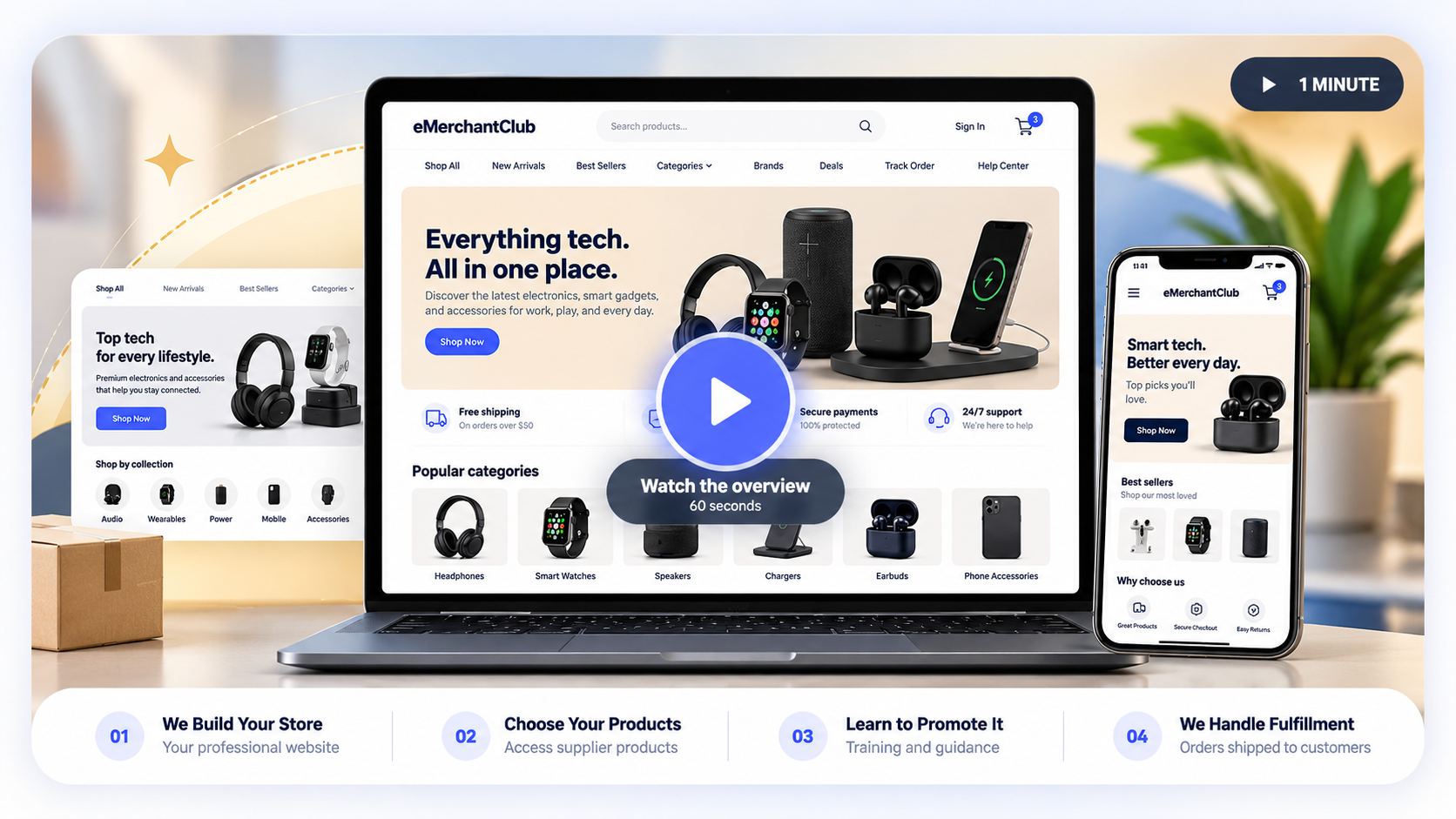 eMerchantClub ecommerce storefront displayed on a laptop and smartphone