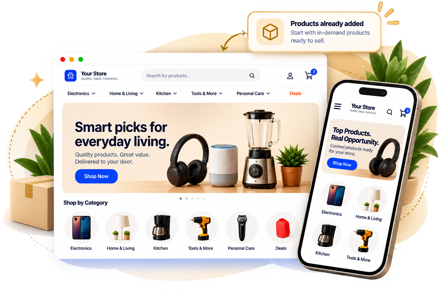 Desktop and mobile ecommerce storefront examples with ready-to-sell products, product categories, and a professionally designed online store.